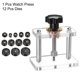 thumbnail image 3 of Juego de prensa de reloj tipo tornillo de tapa trasera con 12 troqueles, kit de reparación de reloj, 3 abridores de caja, herramienta de prensa de reloj de acrílico, 3 of 7