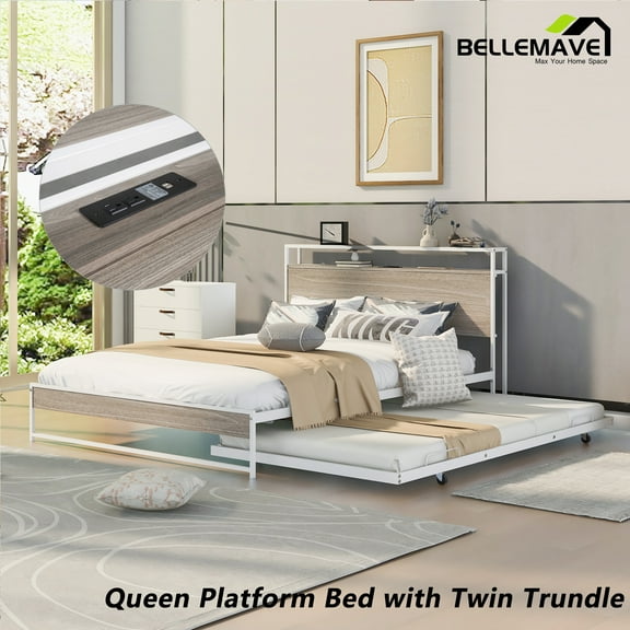 Bellemave Queen Platform Bed Frame with Twin Size Trundle, Usb Ports and Storage Shelf, Metal Queen Bed Frame with Headboard, Noise-Free, No Box Spring Needed(White)