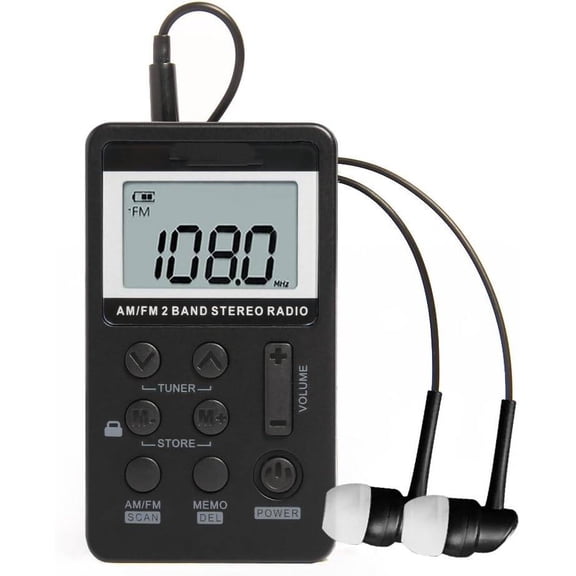 Pocket AM FM Radio Portable Digital Tuning Radio with Best Reception - Hapito Personal Small Transistor radios with Sterio Earphone,Rechargeable Battery and Lock Screen for Walk/Gym (Black)