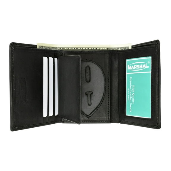 RFID Genuine Leather Trifold Badge Holder Wallet Black, Police Badge Holder