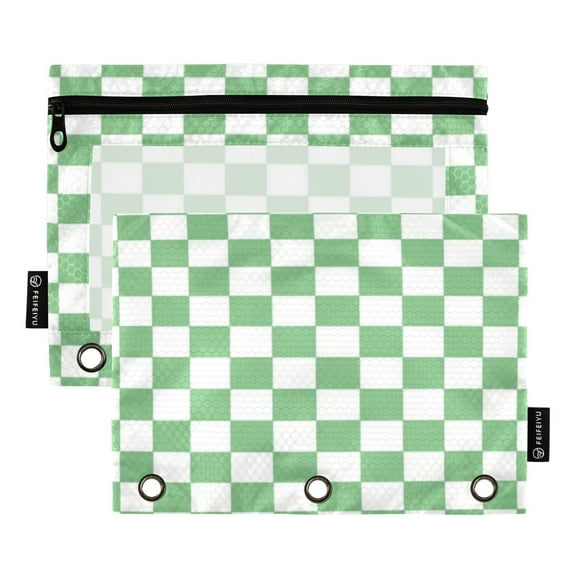 Pencil Pouch for 3 Ring Binder, Binder Pencil Case with Smooth Zipper, Clear Window Pencil Case for Binder, Big Capacity 3 Ring Binder Pencil Bag with 3 Reinforced Grommets. Green Checkerboard