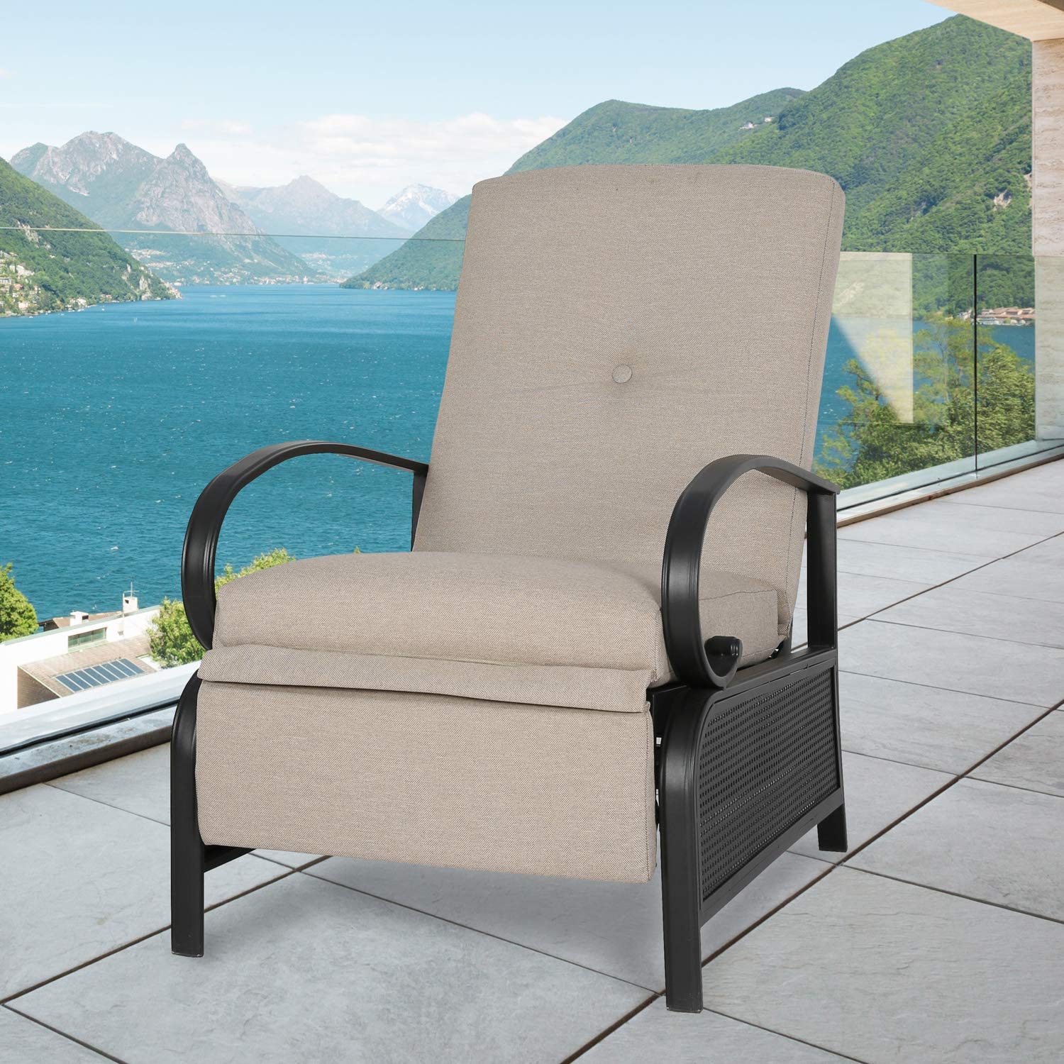 Ulax Furniture Patio Recliner Chair Automatic Adjustable Back Outdoor Lounge Chair With 100 Olefin Cushion Sailcloth Beige Walmart Com Walmart Com