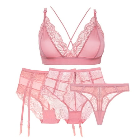 

Varsbaby Women s Wirefree Bra and Lace Thongs Sexy Lingerie Set and High Waist Panties 4 Pieces