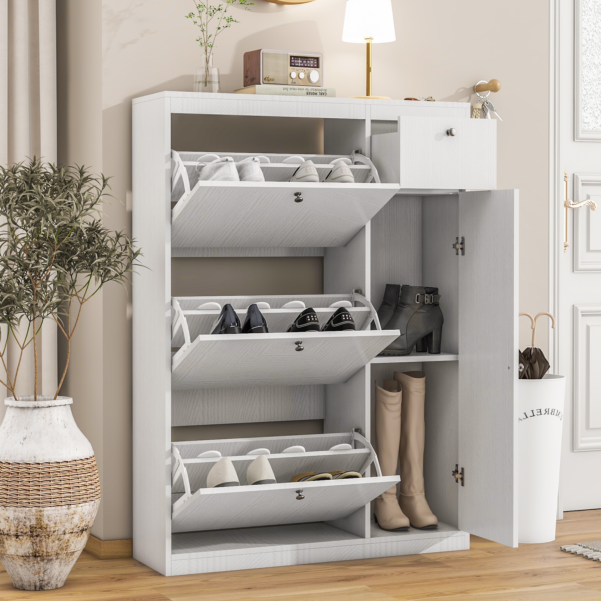 MAYEERTY Slim Shoe Cabinet, 3 Flip Drawers, Adjustable Storage, Narrow Entryway Shoe Rack, White