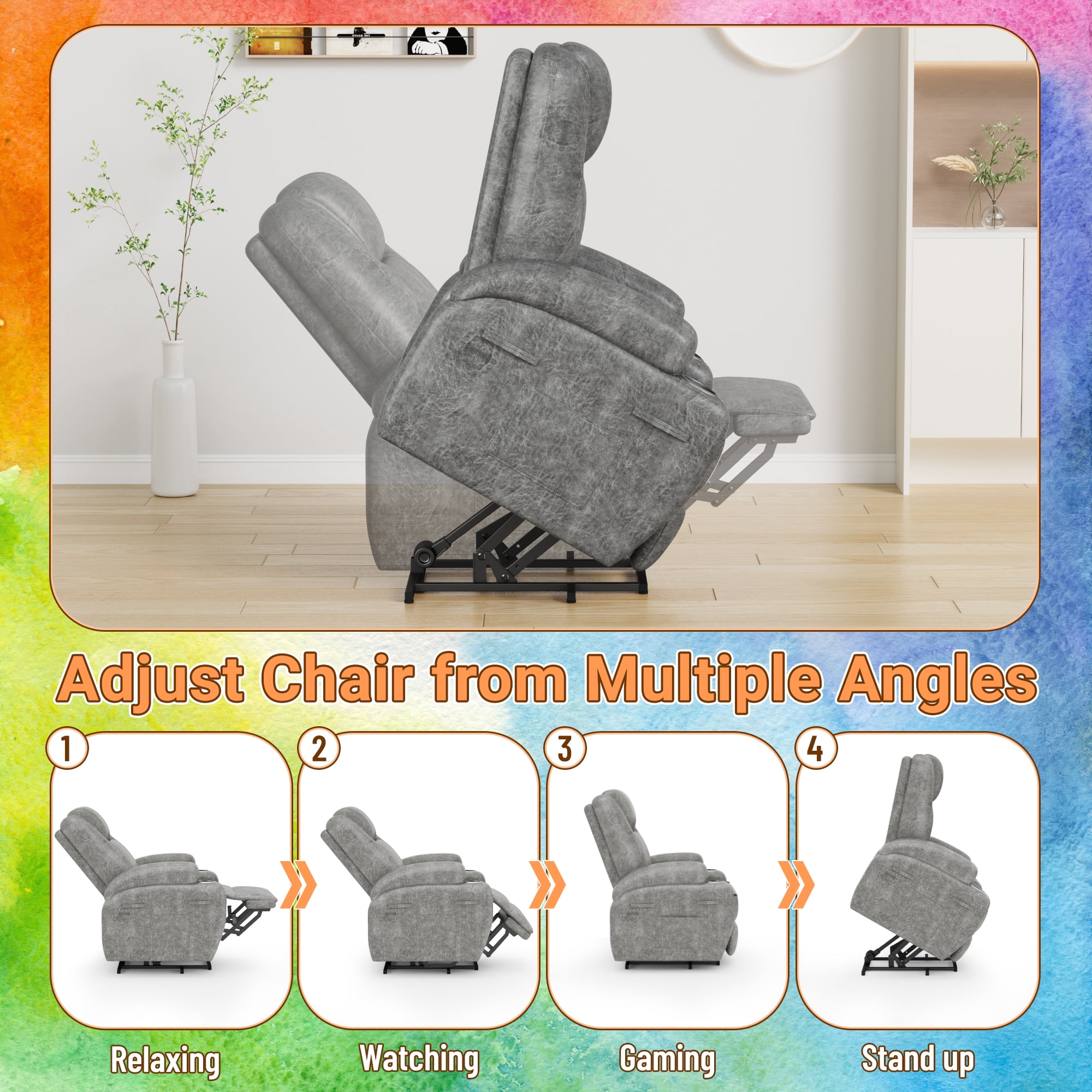 Vineego Power Lift Recliner Chair with Massage - Remote Control, Leathaire Fabric, Cup Holders for Elderly & Home Theater,Gray
