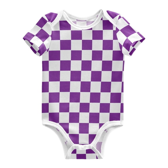 Seamless Purple and White Checkerboard Pure Cotton Bodysuit Short Sleeve Pajamas One-Piece Romper Unisex 3 Months