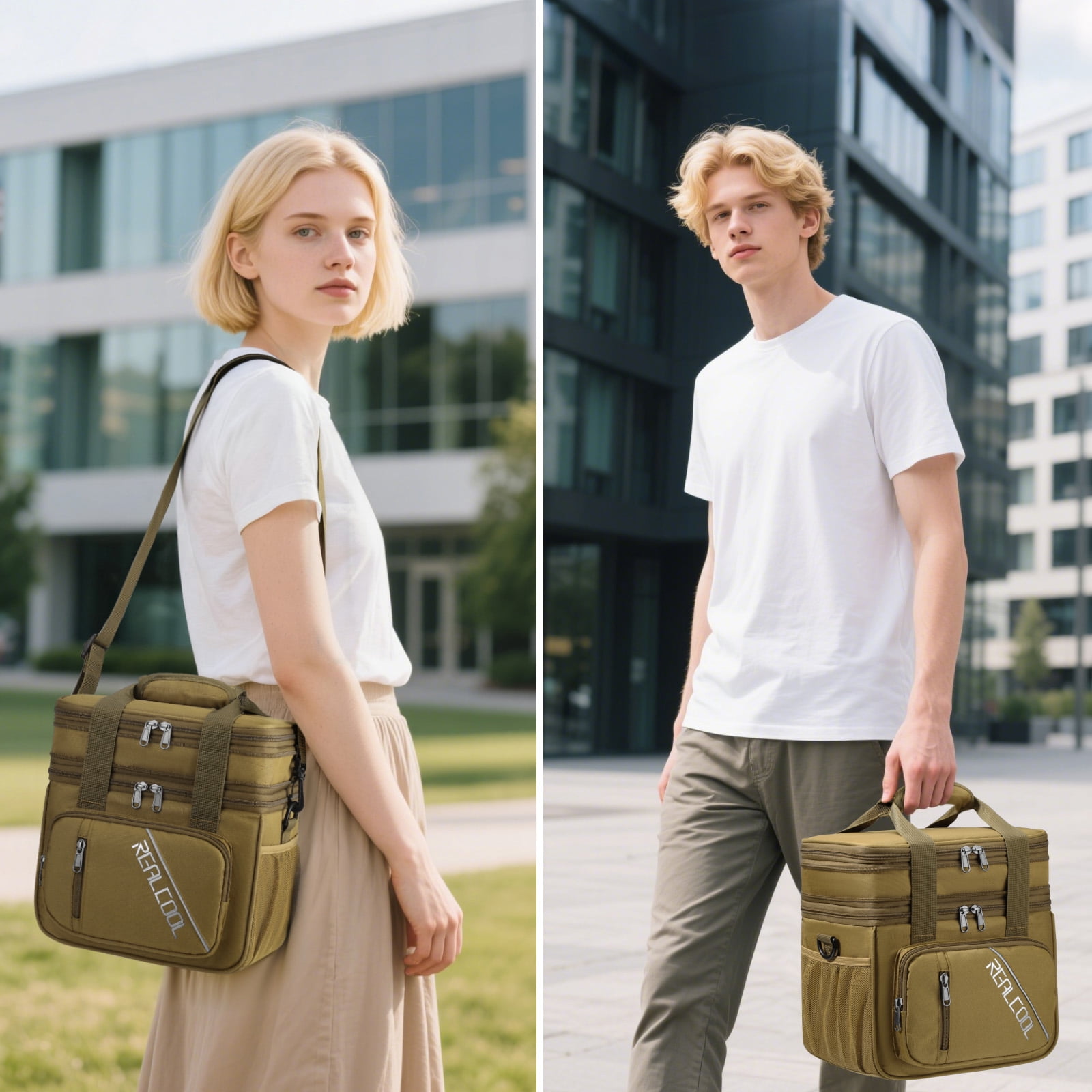 RealCool Lunch Bag, Insulated Lunch Box for Men Women, Double Deck Leakproof Soft Cooler Bag with Adjustable Strap, Lunchbox for Work, Camping Khaki