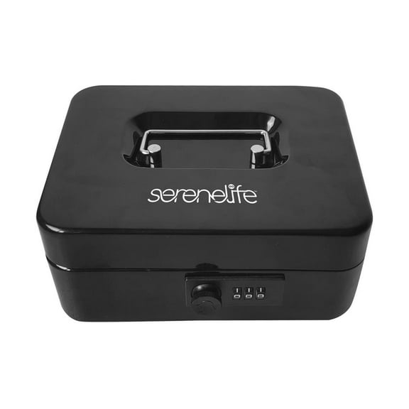 Serenelife 8" Metal Cash Box with Lock - Cash Safe Lock Box with Money Tray - 5 Lockable Drawers - Five Compartment Cash Tray - Storage for Valuables - 8” x 6.2” x 3.5” IN - Black