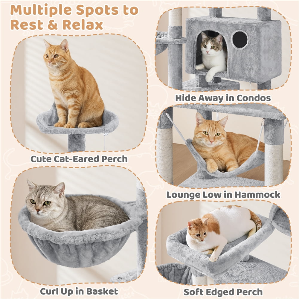 Yaheetech 73in Multilevel Large Cat Tree with Condos & Basket & Hammock, Light Gray