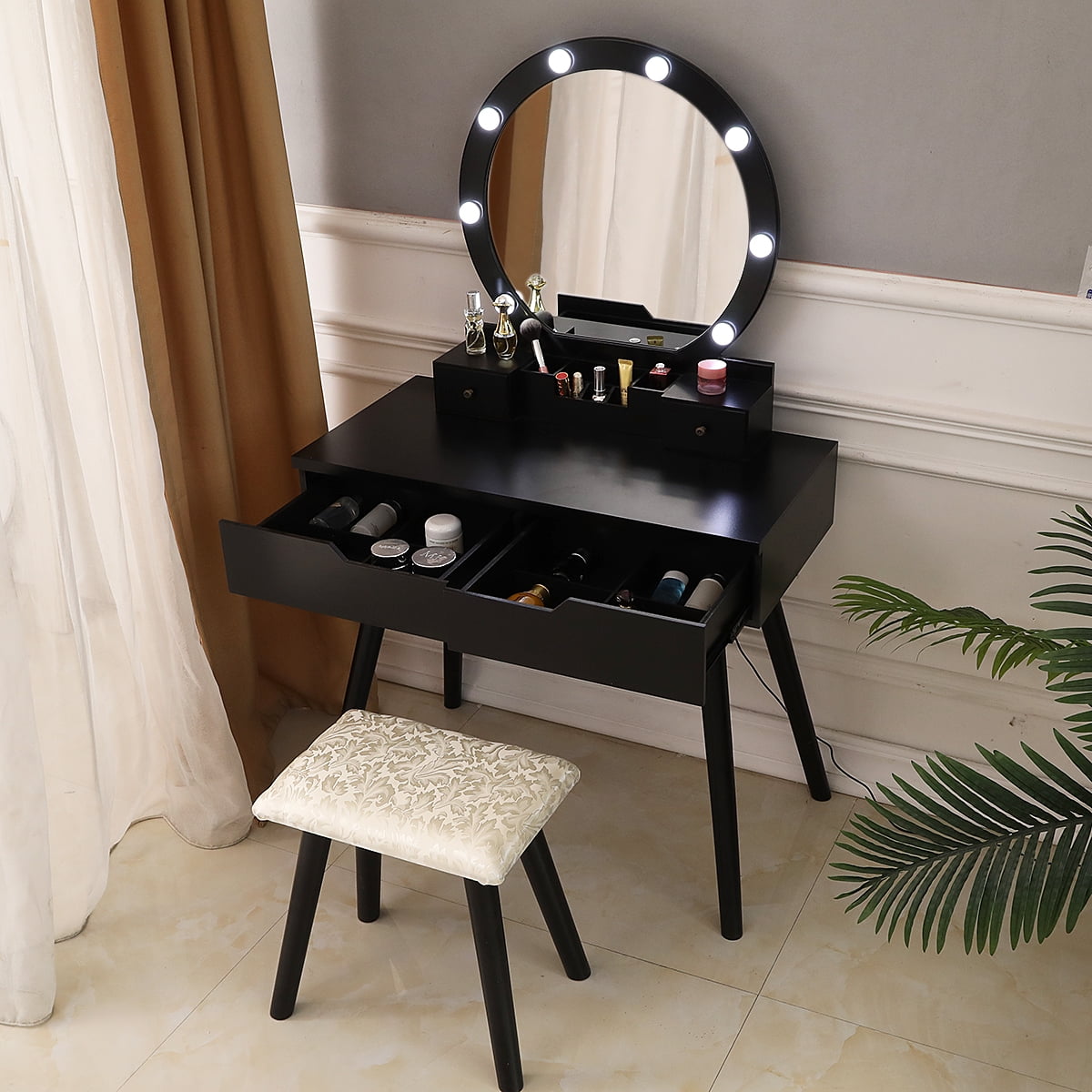 Makeup Vanity Table Chair Set, FCH Dressing Table with Single Round 