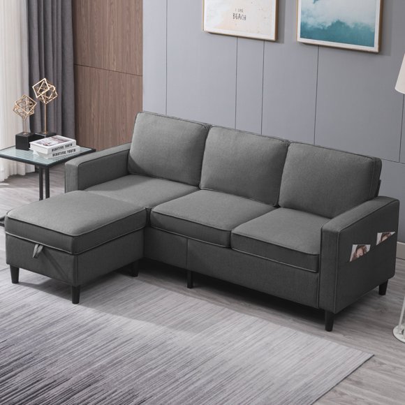 BALUS Pieces Couch Set, L Shaped Sofa with Storage Ottoman, 4-Seats Sofa Couches, Living Room Set Furniture, Linen, Dark Gray