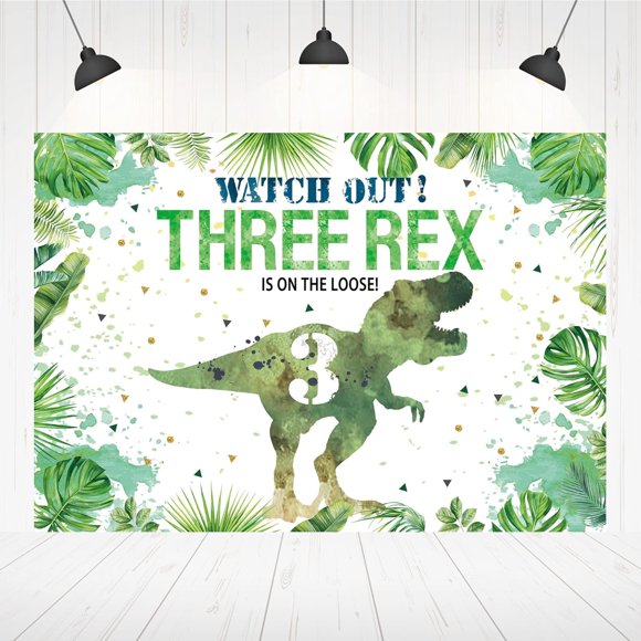 5×3ft Three-rex Birthday Backdrop for Boys Dinosaur 3rd Birthday Green Leaf Background 3 Years Old Dinosaur Theme Party