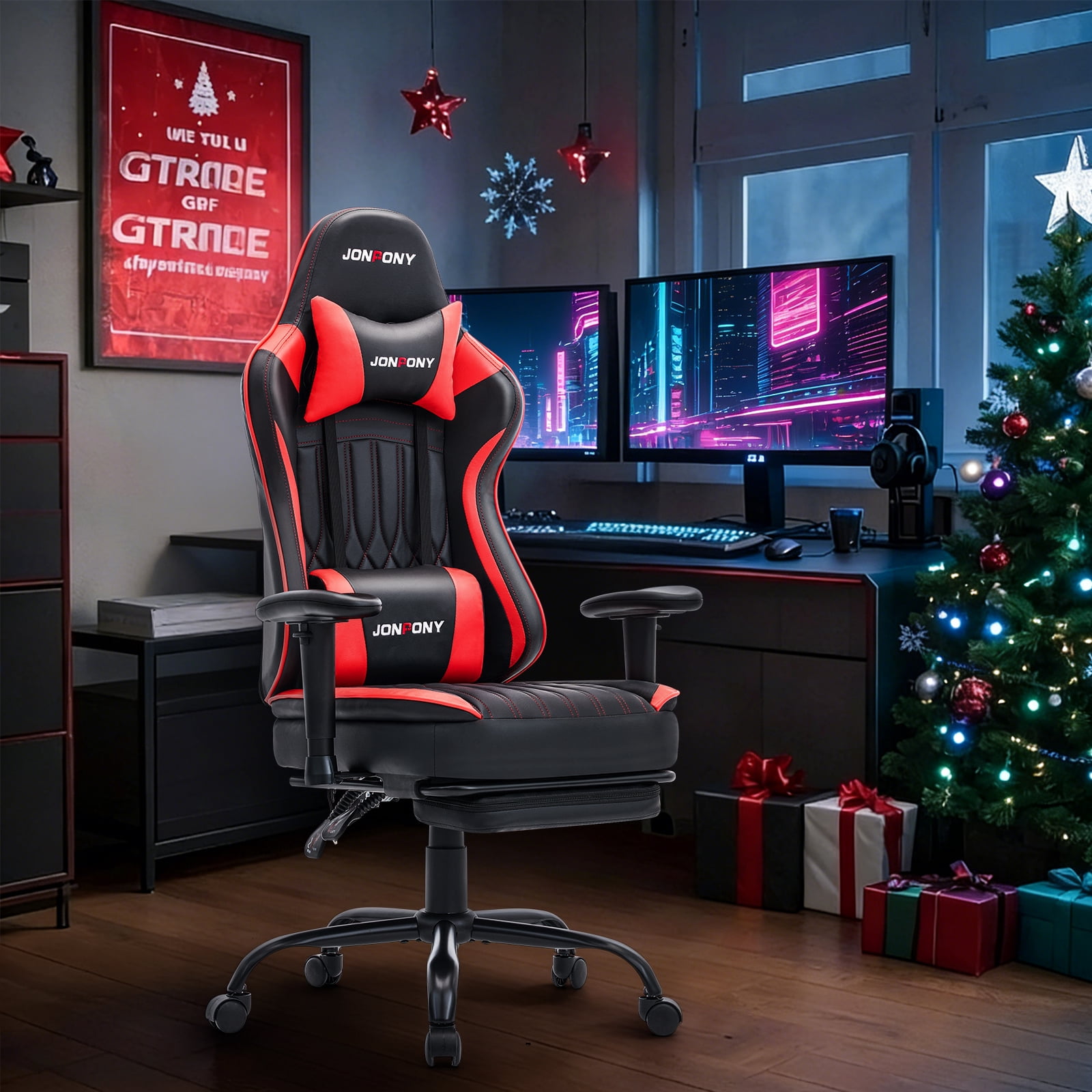 JONPONY Big and Tall 500lbs Gaming Chair with Bluetooth Speakers, Gamer Chair with Footrest and Lumbar Support & 360-Swivel Seat, Ergonomic Gamer Chair with Headrest, Red