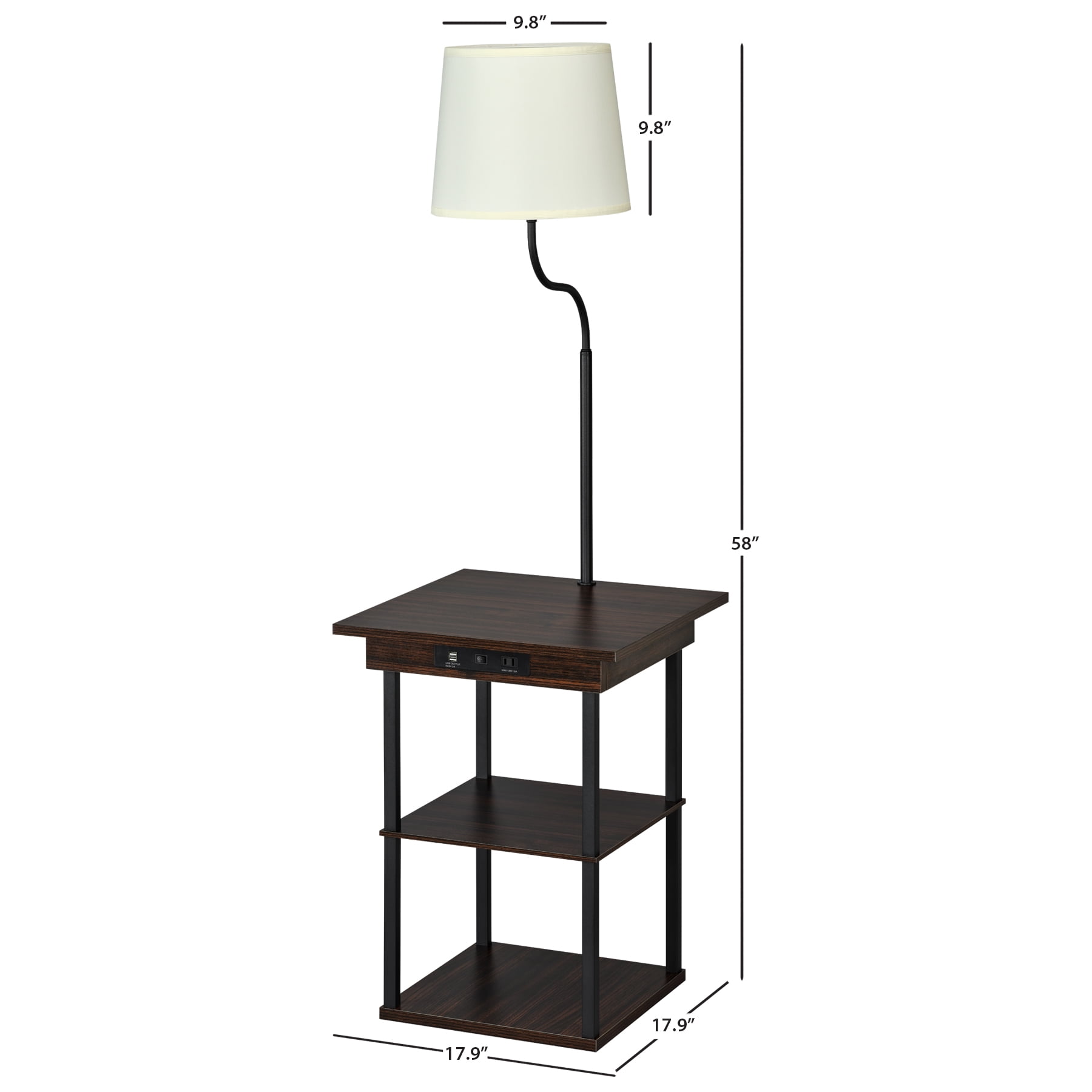 DPI DecorTech Square End Table with Lamp, AC Power and USB Charging Ports, Walnut