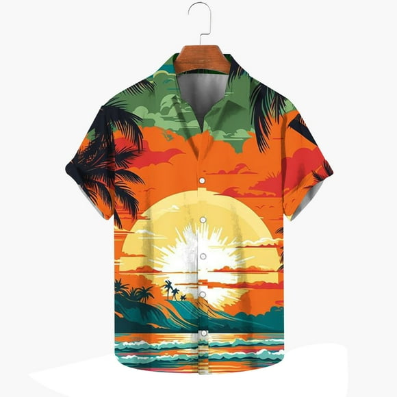 lcziwo Button Down Shirts for Men Short Sleeve,Men's Palm Tree Bowling Shirts Big and Tall Casual Printed Beach Hawaiian Shirt Summer Regular Fit Top,Orange XL