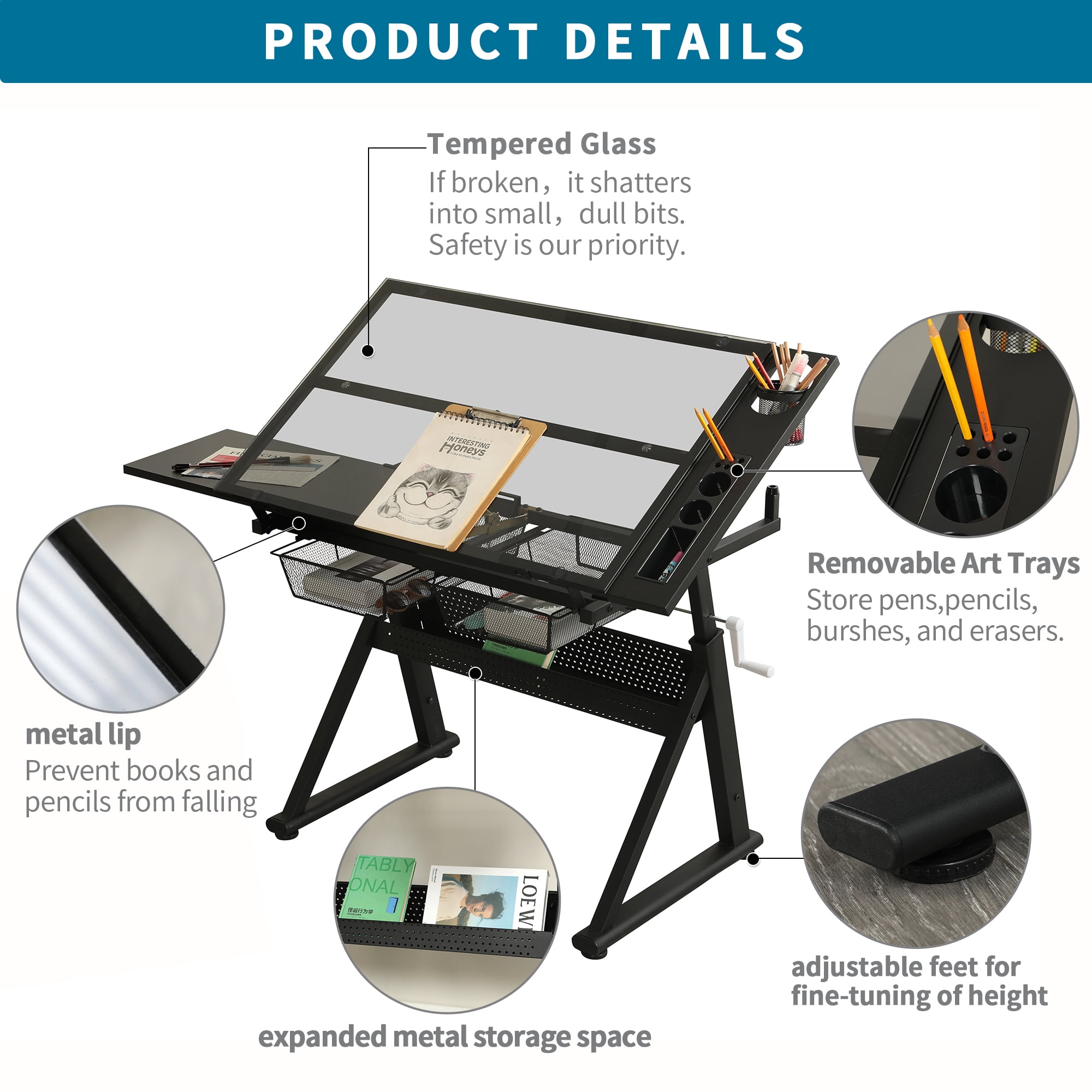 Adjustable Tempered Glass Drafting Table with Hand Crank and Chair, Height-Adjustable Drawing Desk and Art Studio Workstation with Storage, Black