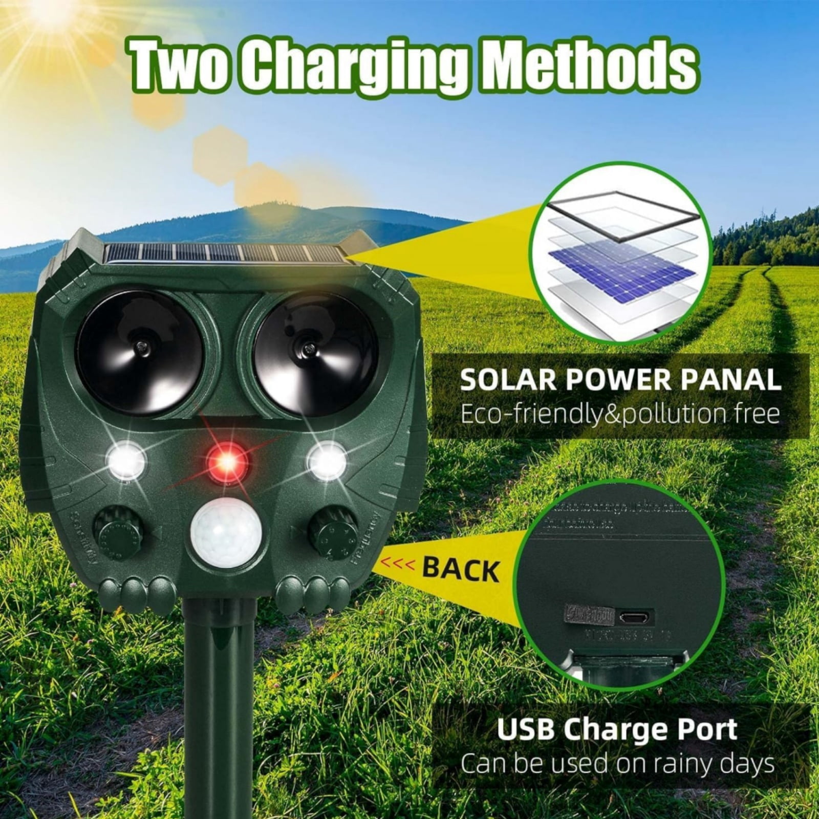 JahyElec Solar Animal Repeller Ultrasonic Animal Repeller Outdoor Cat Deterrent Deer Repellent with Motion Sensor & Led Strobe Light Squirrel Dog Raccoon Rabbit Skunk Repellent for Yard Garden