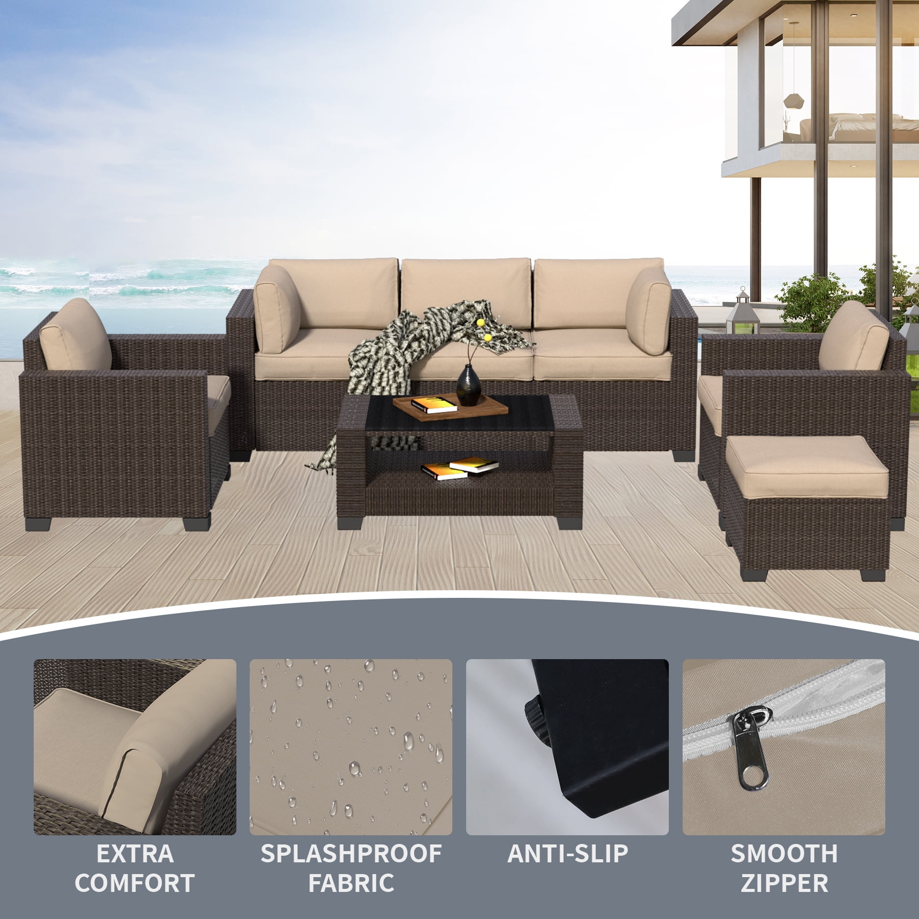 7-Piece Outdoor Sectional Patio Furniture Set, All-Weather Wicker Rattan Sofa with Thick Washable Cushions & Tempered Glass Table, Perfect for Garden, Poolside, Backyard (Beige)