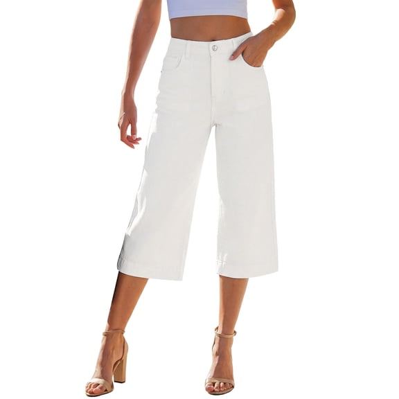 MLQIDK Pedal Pushers for Women Capri Pants Dressy Casual Elastic Waist Knee Length Capris Trendy Summer Denim Capri Jeans with Pockets White M
