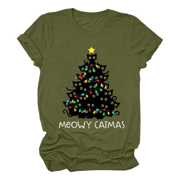 Funny Christmas T-Shirts For Women Cat Funny Cute Meowy Letter Print Tee Casual Cat Lovers Short Sleeve Festive Tees Tops