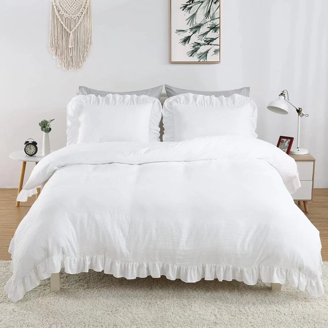 HOMERRY White Ruffle Pattern Duvet Cover Queen Size 3PCS Soft Washed Microfiber Fabric，90x90 in