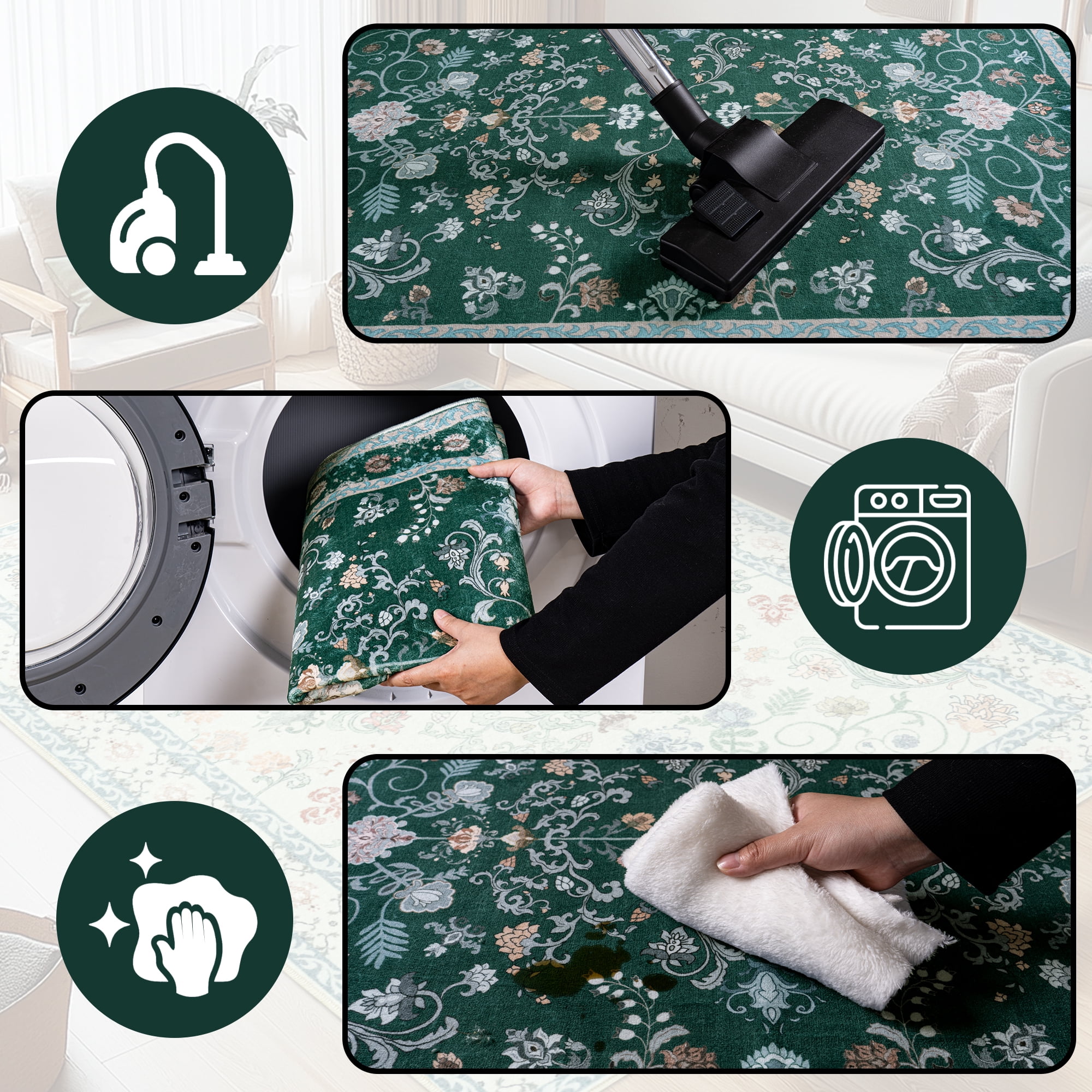 ZENELESS Washable Large Area Rugs for Living Room, 8x10 Non-slip Carpet for Dining Room,Modern Accent Rug for Bedroom, Dark Green