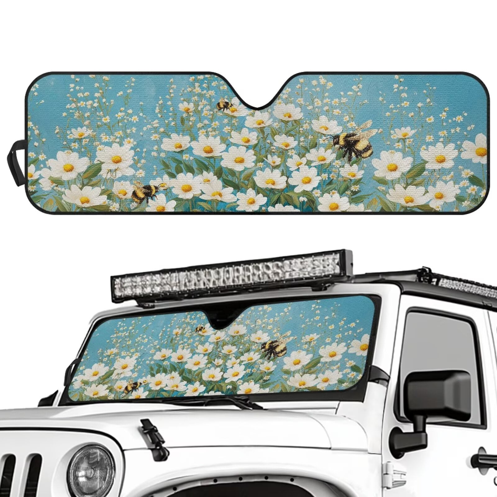 Uorisanigo Windshield Sun Shade Daisy Bee Print Windshield Shade Compatible with 2007-2024 Wrangler Rubicon Sahara TJ JK JKU 2 & 4 Door Heat Shield Sun Visor Cover Block UV Rays ,1Pc