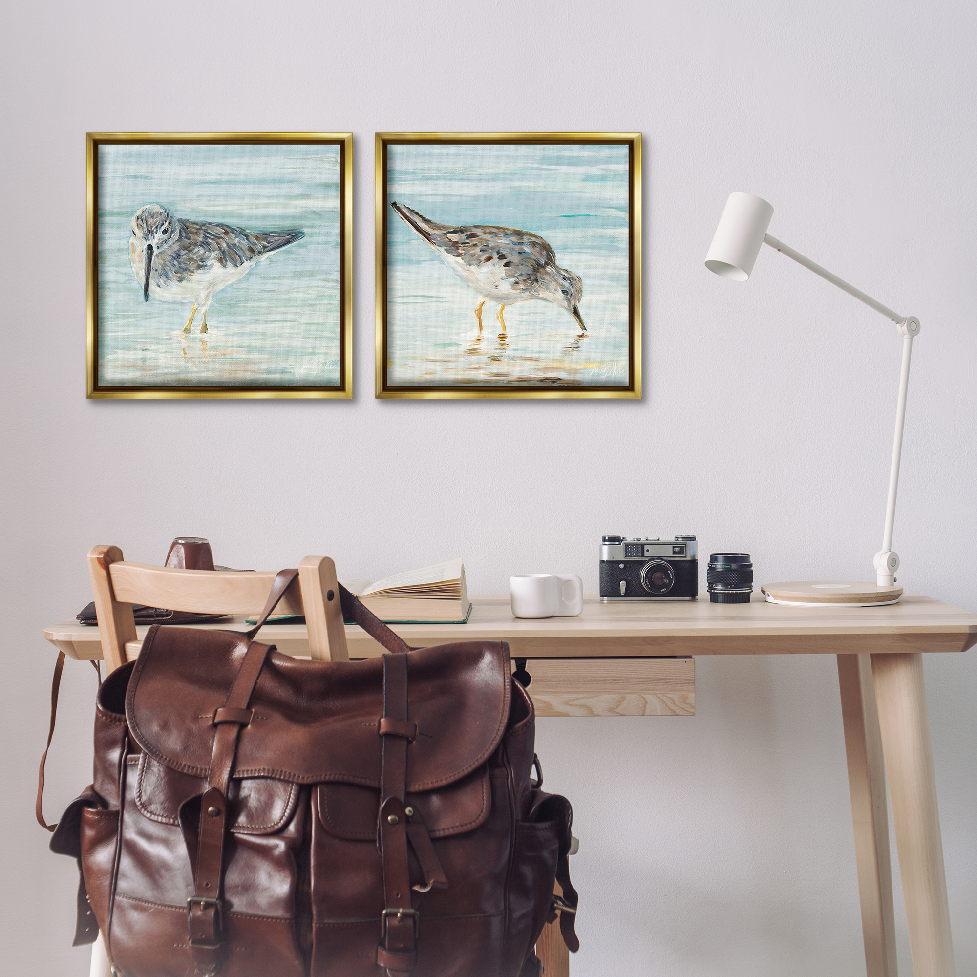 Stupell Industries Piping Plover Shoreline Birds Animals Painting Gold Floater Framed Canvas Art Print Wall Art, 18 x 18, Set of 2