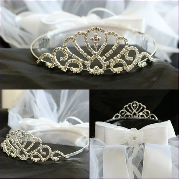 Girls 1st Communion Wedding Bridal White Veil Flower Girl Wreath Tiara Rhinestone Crown Cross Headpiece