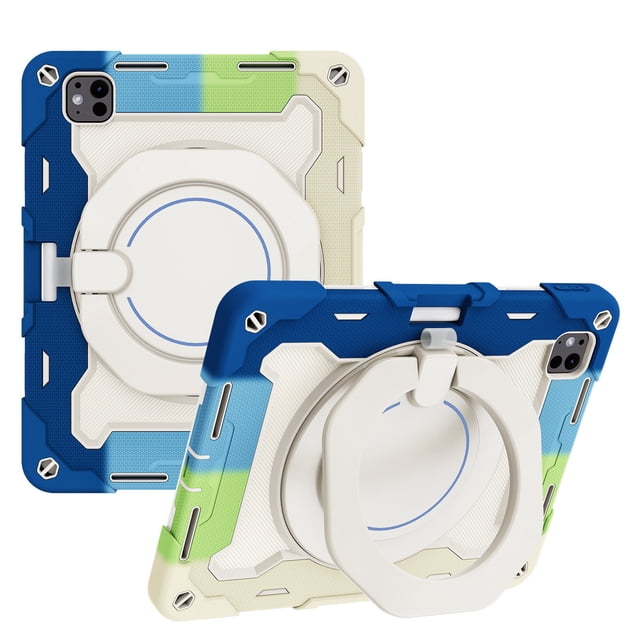 DWaybox Case for iPad Pro 11-inch M5 2025 Model A3357/A3358, Heavy Duty Shockproof Cover with 360° Rotating Ring Stand, 3-Layer PC + Silicone Armor Protection -Rainbow Blue
