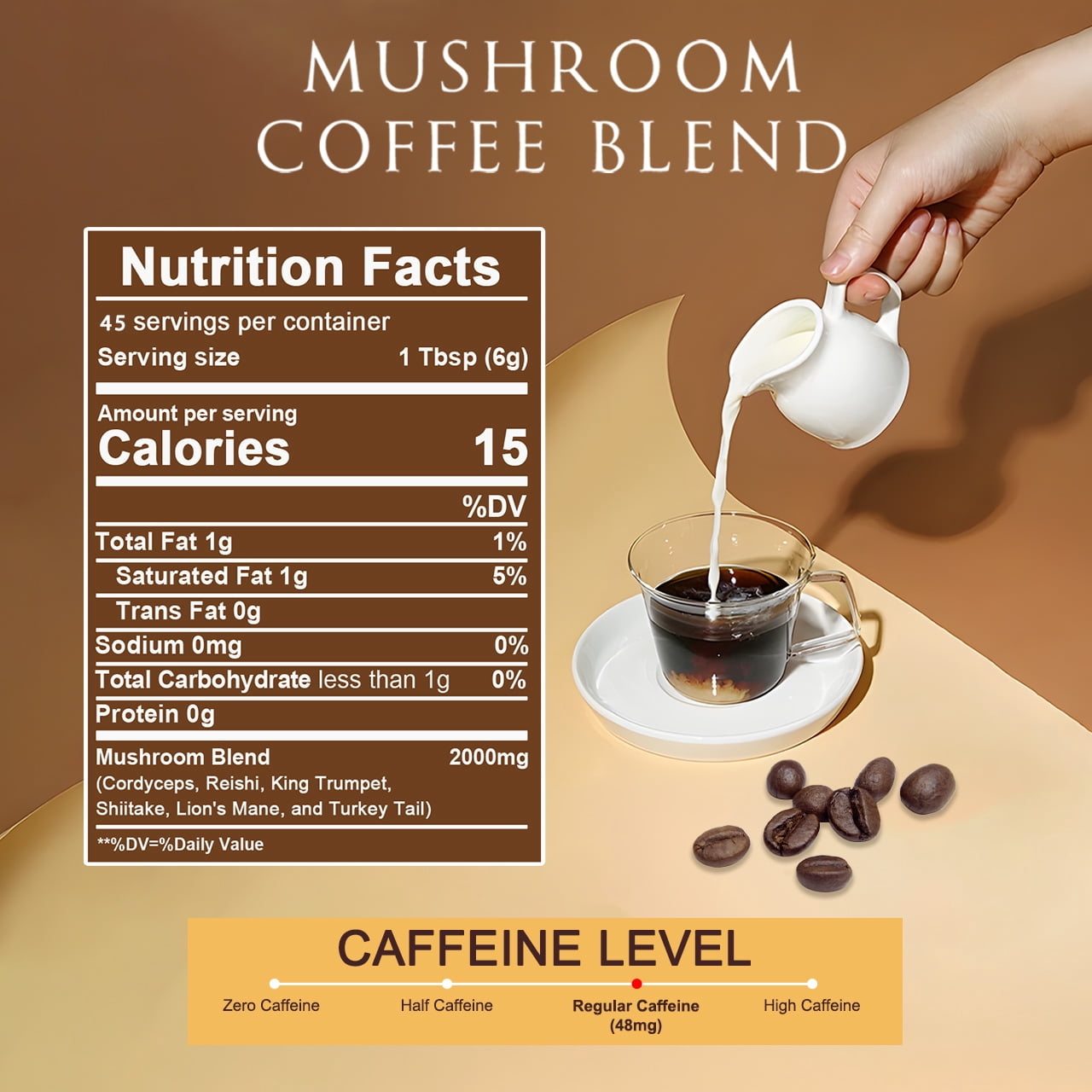 Bunkell Mushroom Coffee Blend, 45 Servings, 2000mg Mushroom Complex, Regular Caffeine