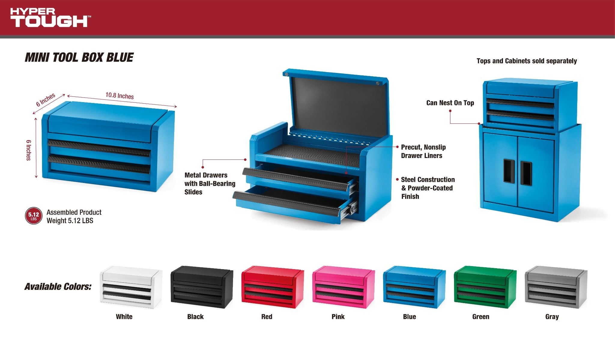 Hyper Tough Mini 10-inch 2-Drawer Steel Toolbox, 250th Blue