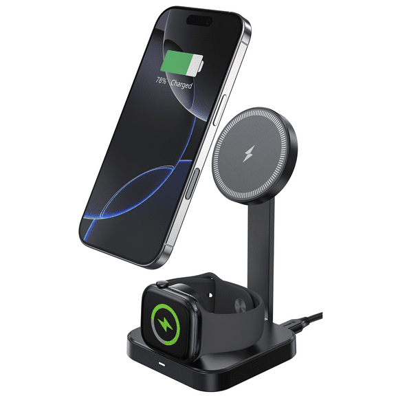 2-in-1 Foldable MagSafe Magnetic Wireless Charging Station for iPhone and Watch - Black