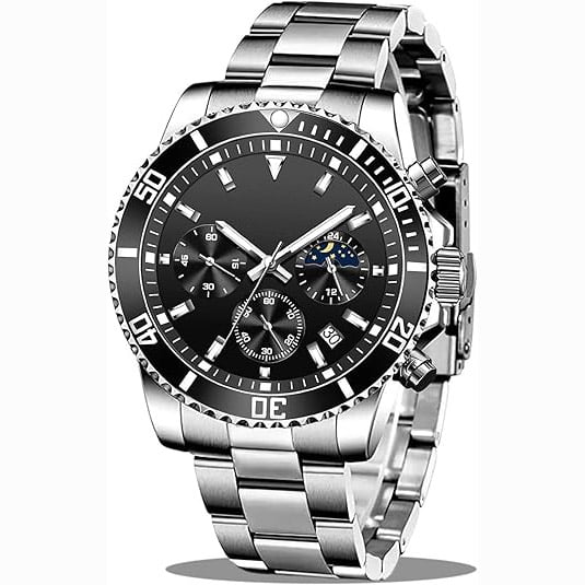 DESIGNICE Mens Chronograph Watch Black/Silver 42.5Mm Outdoor Watch, Stainless Steel Strap Chronograph Watches for Men
