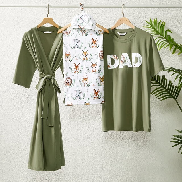 PatPat-Conjunto de camiseta de manga corta con estampado de letras, bata lisa de algodón con cinturón, manta envolvente, a juego para la familia