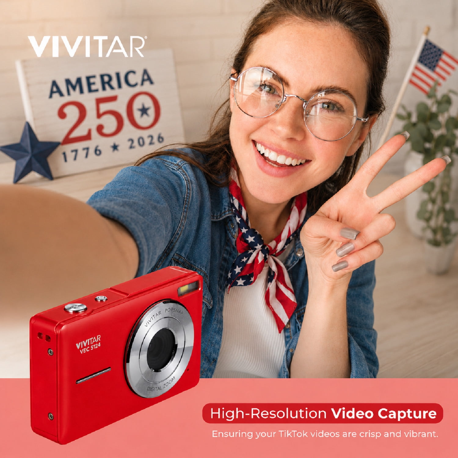 Vivitar PopCam America 250 Digital Camera – USA Celebration Edition, Old Glory Red 48MP Camera with Full HD 1080P Video, 3" Flip Screen, 16X Zoom Compact Vlogging Camera with Built-in Mic