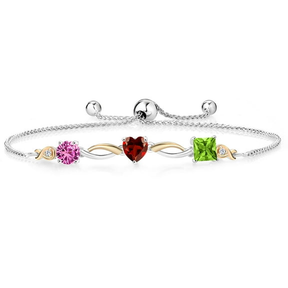 Gem Stone King 925 Silver and 10K Yellow Gold Pink Created Sapphire Red Garnet Green Peridot and Lab Grown Diamond Tennis Bracelet for Women By Keren Hanan (2.28 cttw, Adjustable up To 9 inch)