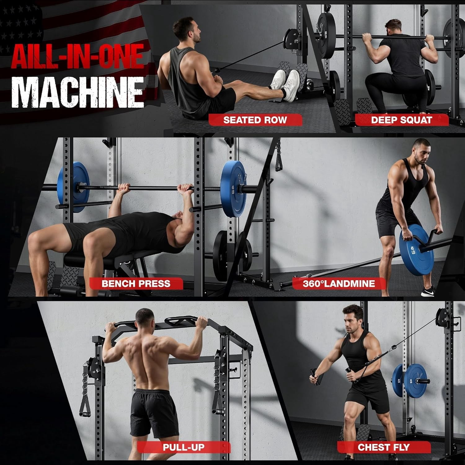 Power Cage, 2000LBS Squat Rack with with Cable Crossover and Dual Independent Pulley System, Full Cage for Full Body Training, Power Rack with More Training Attachments for Home Gym