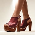 thumbnail image 4 of FSJ Women Studded Platform Heels Slingback Sandals Wooden Block Heel Ankle Strap Peep Toe Mules Shoes Size 8 Red, 4 of 5