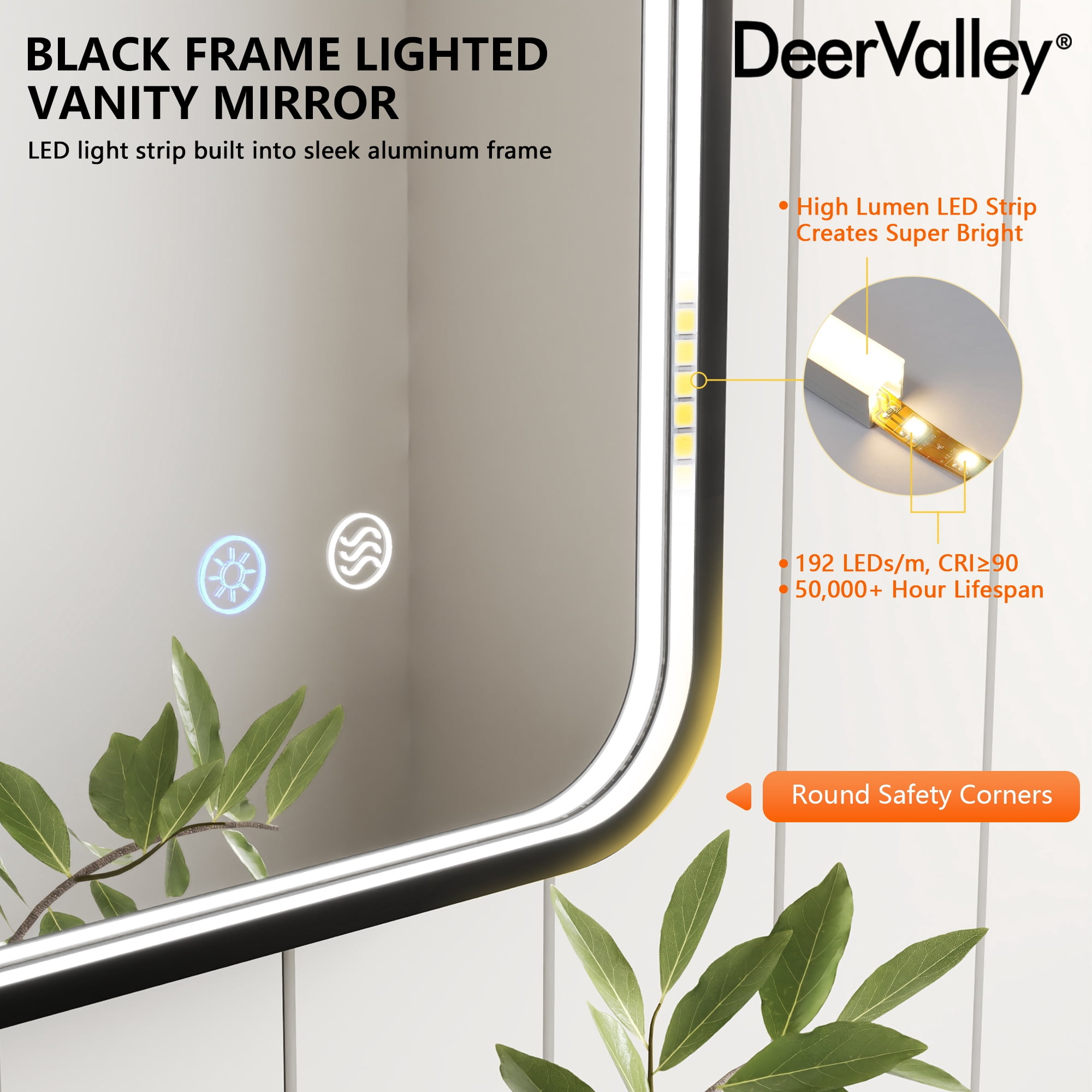 36 in. W x 24 in. H Rectangular Framed Dimmable LED Light Anti-Fog Wall Bathroom Vanity Mirror in Black