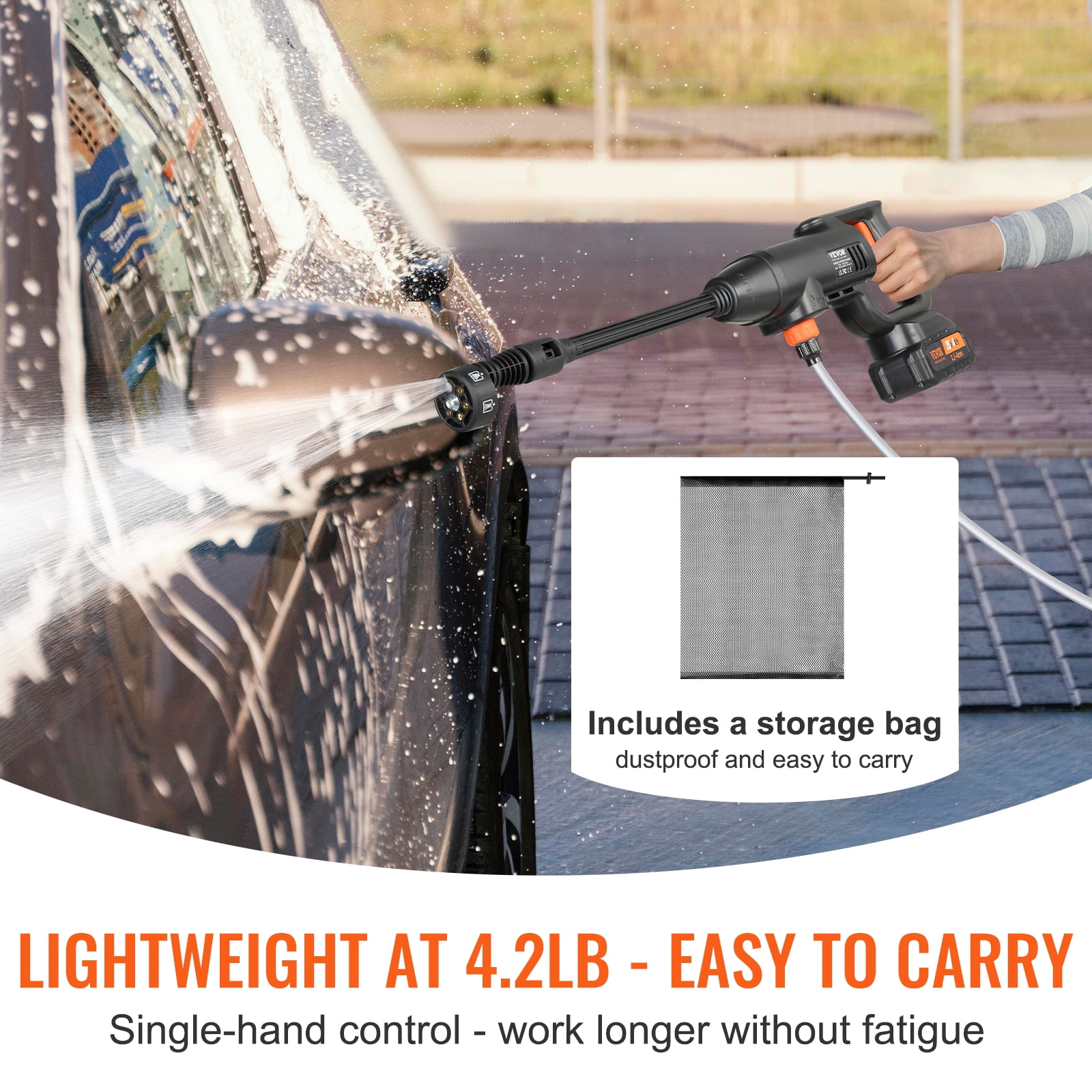 VEVOR Cordless Pressure Washer, 580-PSI 1.1 GPM Portable Power Cleaner, Handheld High-Pressure Car Washer Gun with 4.0Ah Battery, Charger, 6-in-1 Nozzle, for Home/Floor Cleaning & Watering