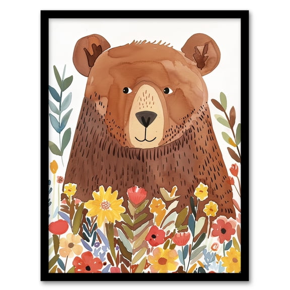 Artery8 Happy Brown Bear in Wildflower Patch Watercolour Kids Bedroom Nursery Art Print Framed Poster Wall Decor 12x16 inch