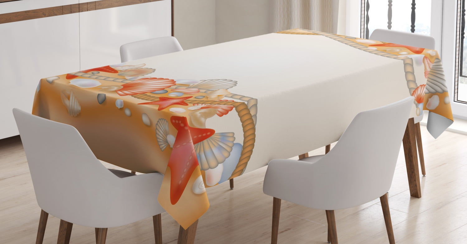 Beach Tablecloth, Sand Seashells Starfish and Ropes Marine Inspirations