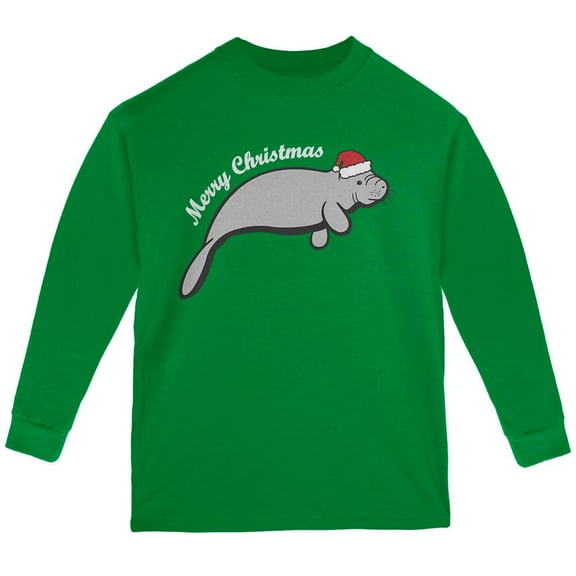 Merry Christmas Manatee Floaty Potato Youth Long Sleeve T Shirt Green YLG