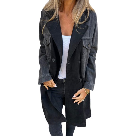 Women Spring Fall Coat Denim Jacket Overcoat Patchwork Double-breasted with Flap Pockets Colorblock Mid Length Lady Overcoat