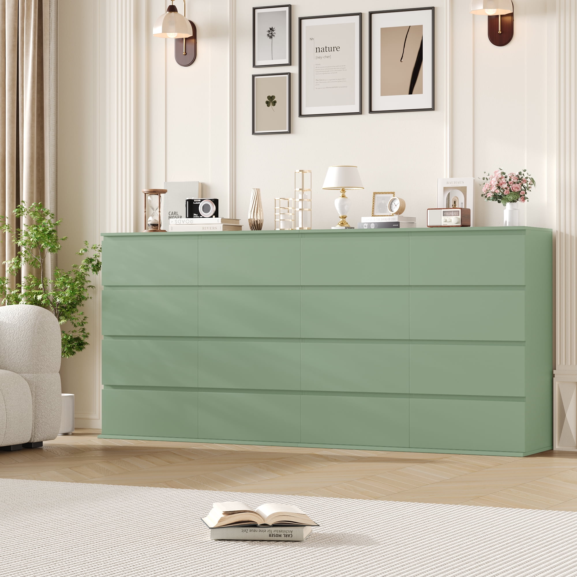 Homfa 8 Drawer Dresser for Bedroom, Horizontal Dresser Chest with Easy Pull Bevel Handle, Storage Cabinet for Living Room, Green