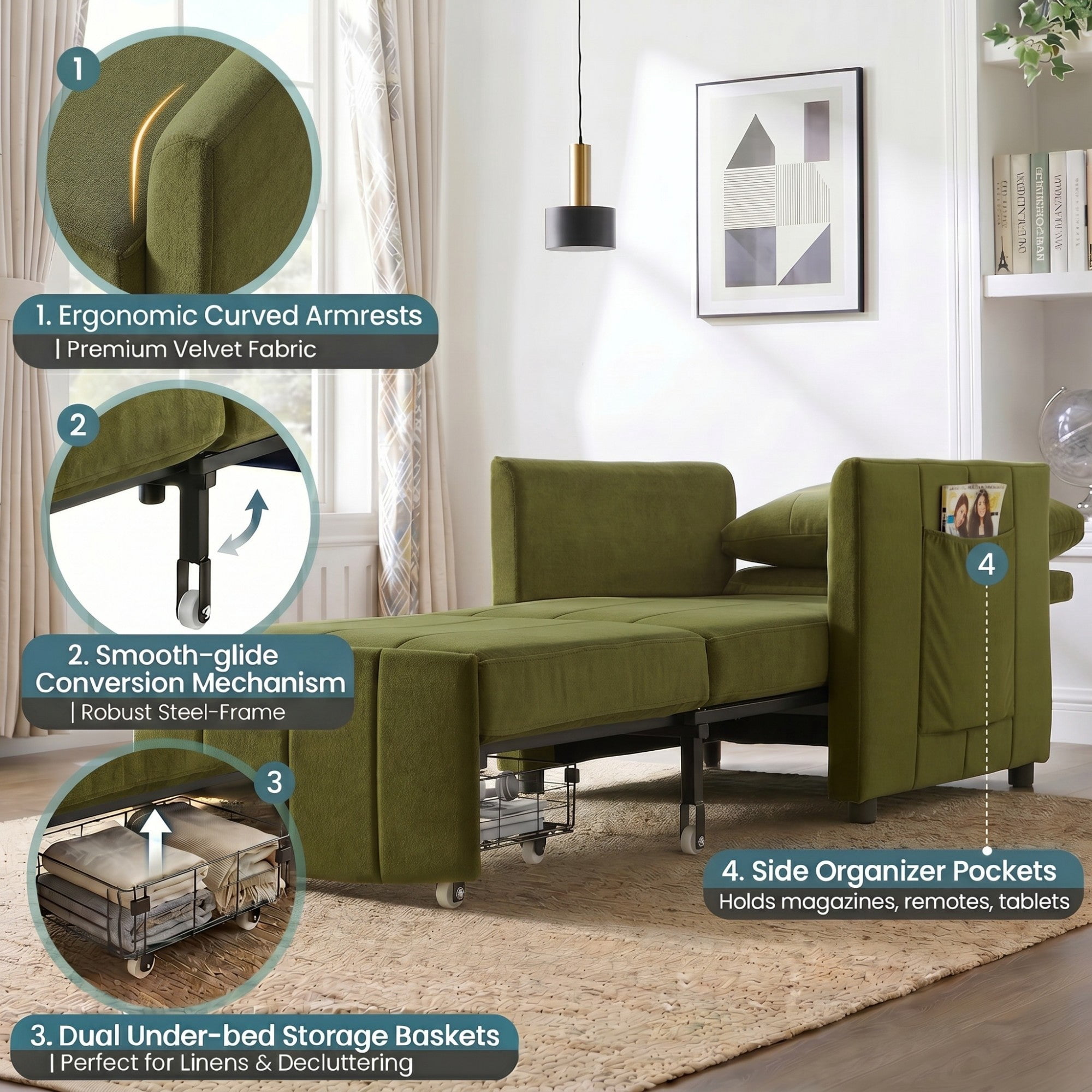Sailvan 31.5" Convertible Pull Out Sofa Bed, Adjustable Chenille Sleeper Chair with Storage Green