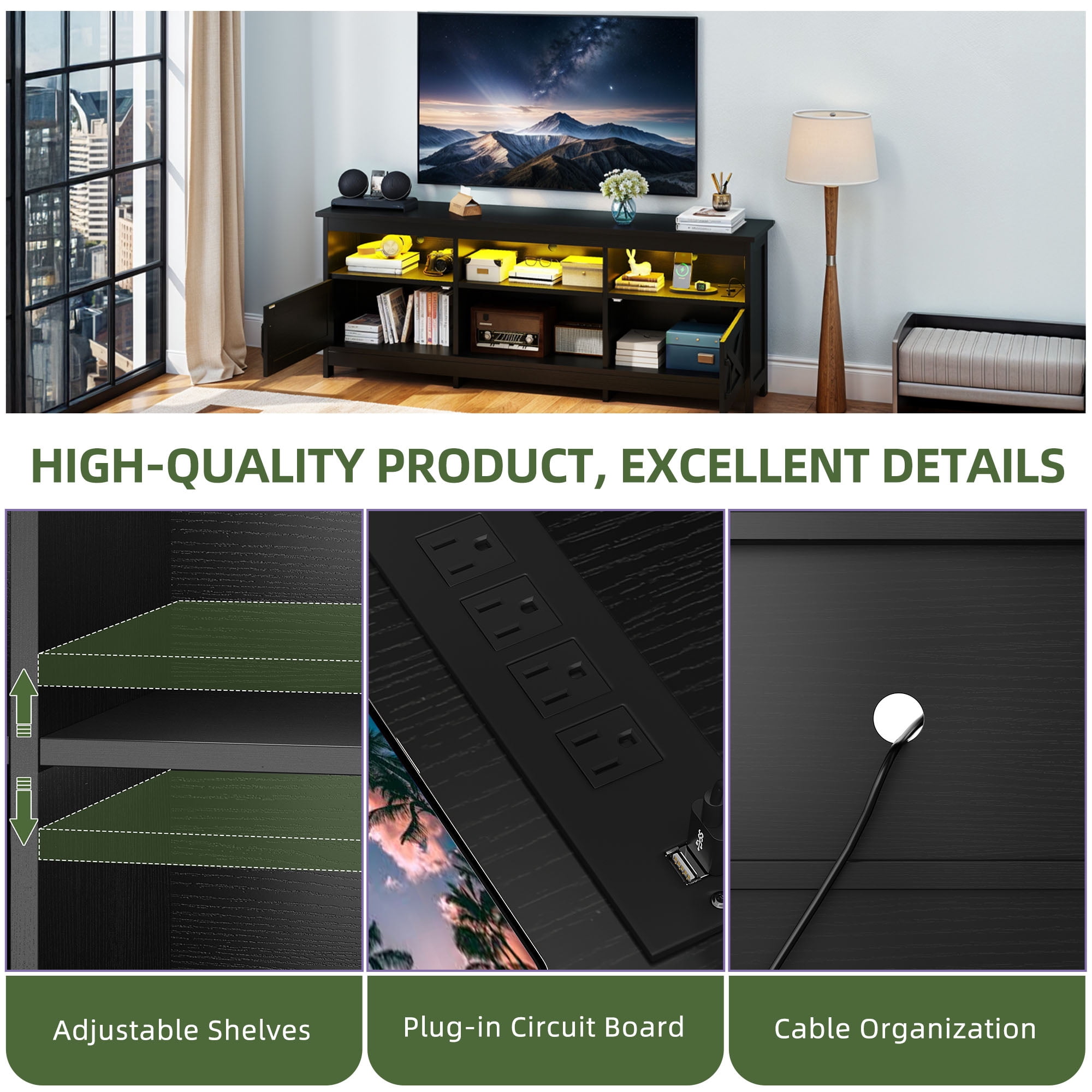 Uforic TV Cabinet with Storage, LED Lights, and Power Outlet for Living Room, Bedroom, or Apartment for 65 Inch TVs, Black