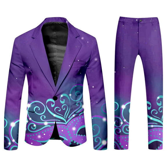 FYEGRE Men's Carnival Suit Two Piece Set Formal Attire With Purple Gold All Over Print Design Purple XXXL