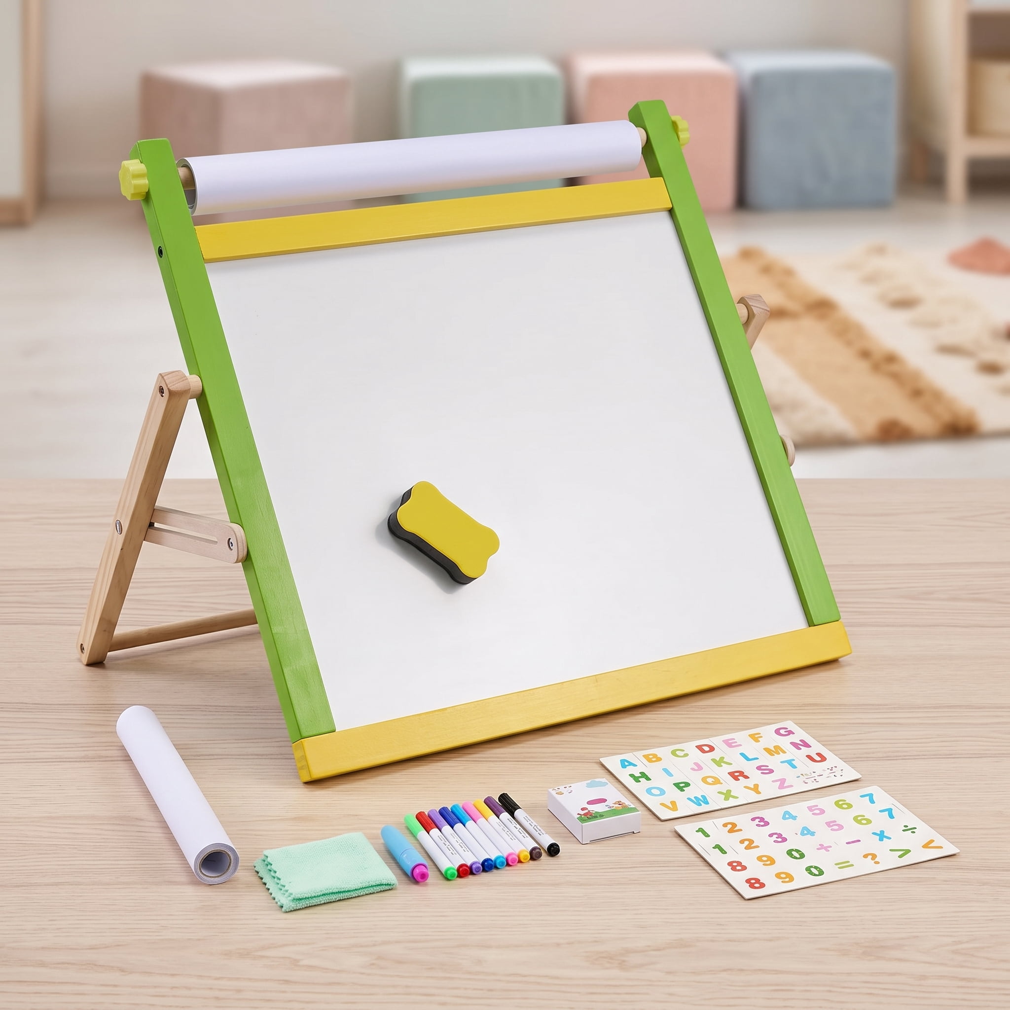 Tabletop Art Easel for Kids, 3 in 1 Wooden Double-Sided Kid's Art Easel with Magnetic Whiteboard, Chalkboard, Paper Roll, Foldable Portable Drawing Board with Painting Accessories for Boys Girls